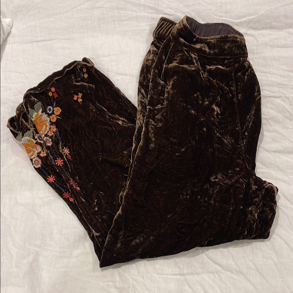 Johnny Was Brown velvet pants with Floral Design